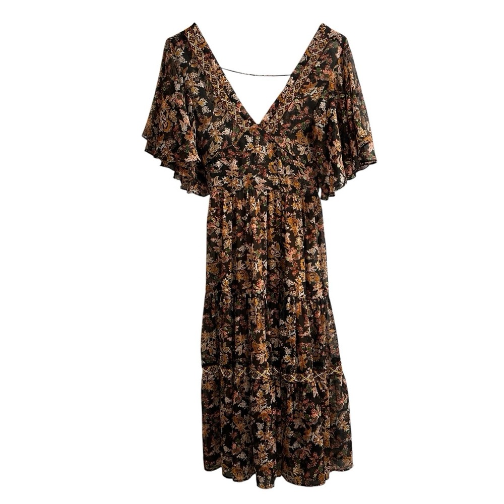 Zara Dress Womens XS Black Floral Beaded Milkmaid Chiffon Maxi Whimisgoth‎ Fairy